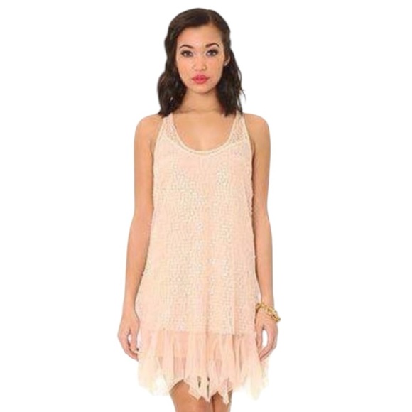FREE PEOPLE INTIMATELY Shell Pink Sleeveless‎ 2 Piece Dress Sequin Size M Slip - Picture 2 of 10